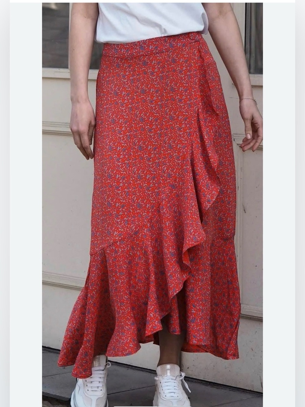 2ND DAY Red/Blue Abstract Print Ruffle Wrap Midi Skirt S American Cottage Fairy
